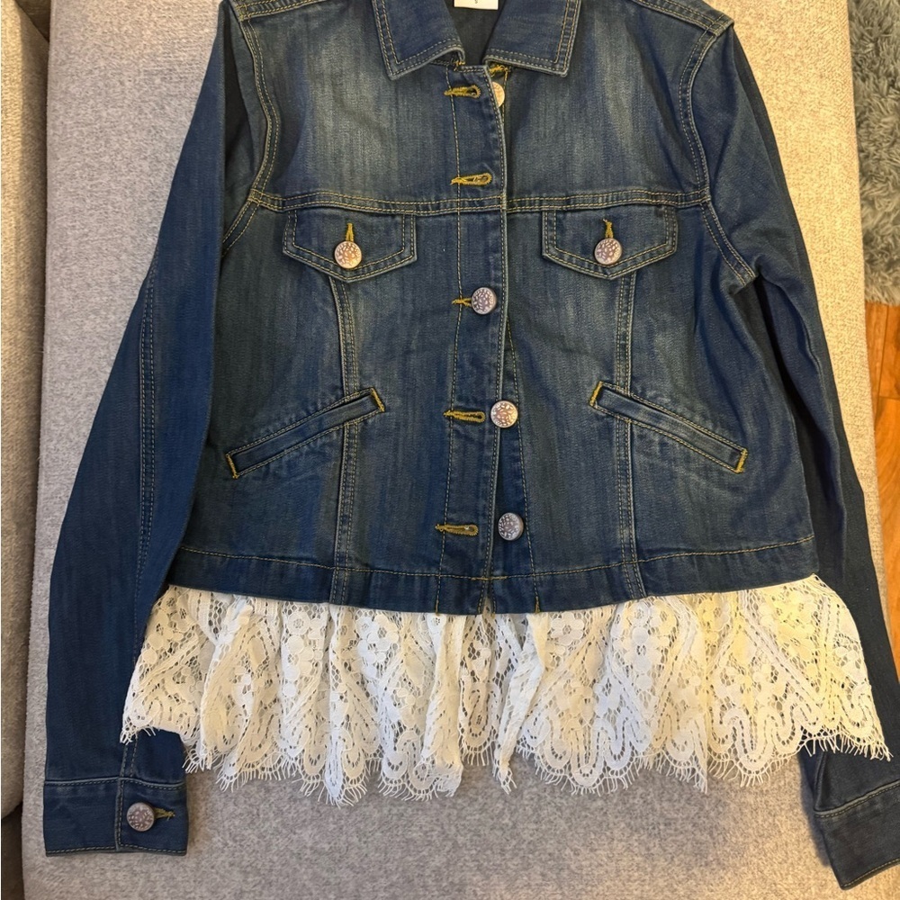 Cabi Blue Jean Jacket with White Lace Hem Casual